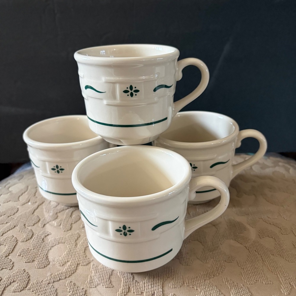 Longaberger Pottery Woven Traditions Sage Green Coffee Mugs Set of 4 USA Made